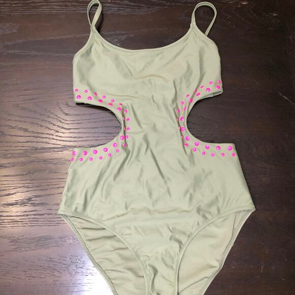 Aerie Cut Out Full Coverage One Piece Swim suit olive green with pink dots sz s - Picture 4 of 8